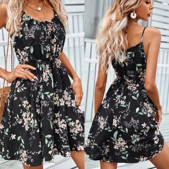 Floral print mini dress cami strap black pink boho - Picture 1 of 2